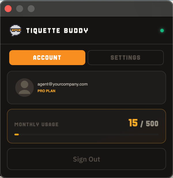 Tiquette Buddy account panel